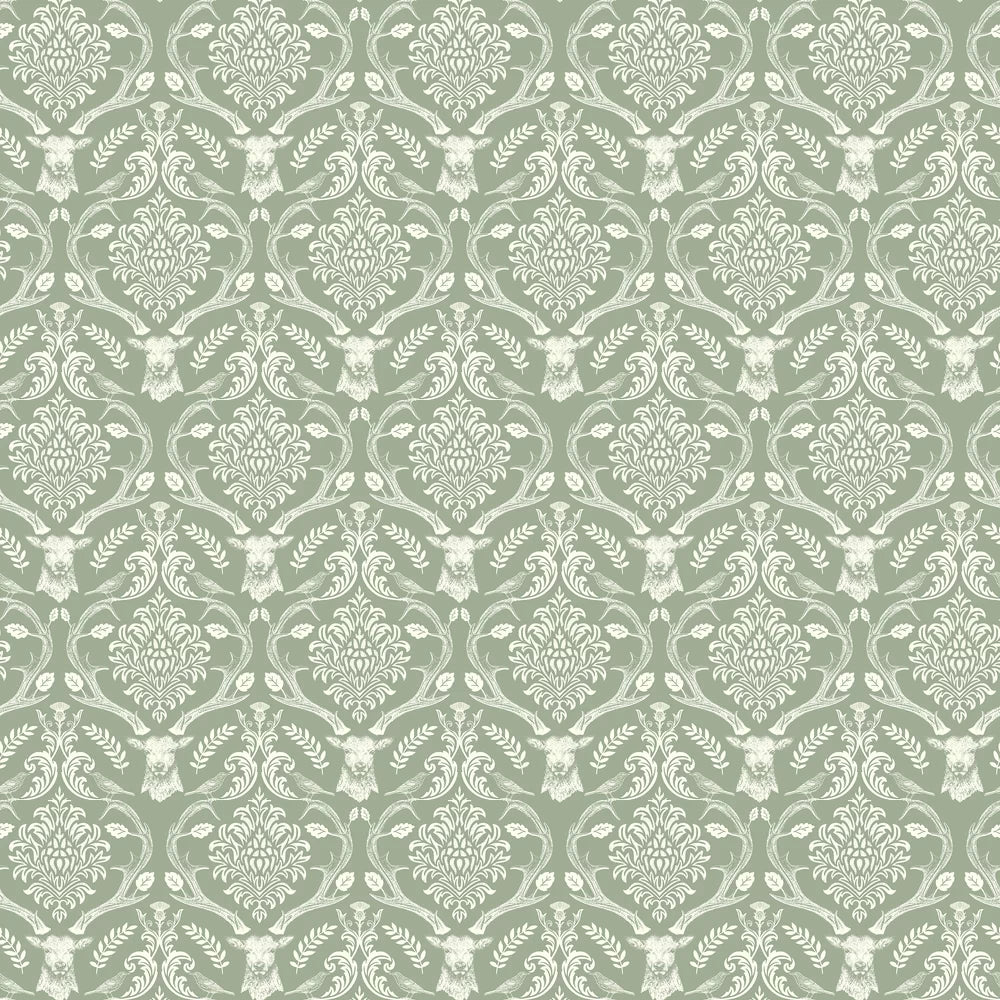 Stag Damask Wallpaper Sage Green (sold by the metre)