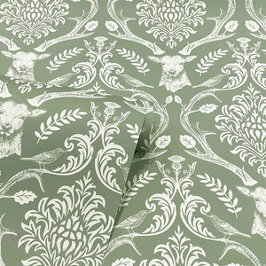 Stag Damask Wallpaper Sage Green (sold by the metre)